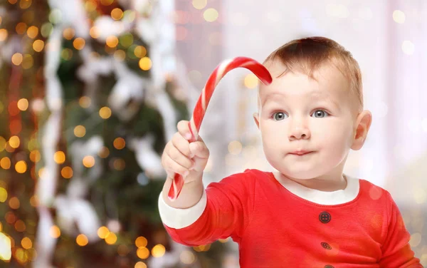 Bebê Bonito Com Cana Açúcar Árvore Natal Fundo Conceito Celebração — Fotografia de Stock