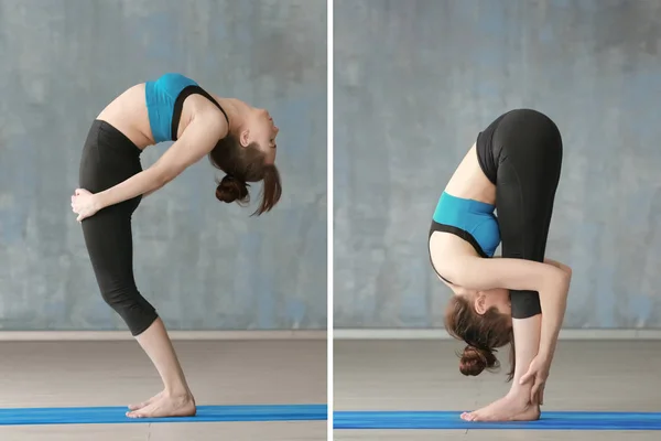 Collage de mujer joven haciendo diferentes poses de yoga — Foto de Stock