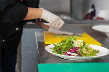 Taze salata ve kadın ile plaka