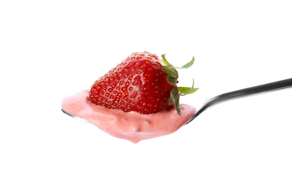 Spoon of homemade yogurt with strawberry — Stock Photo, Image