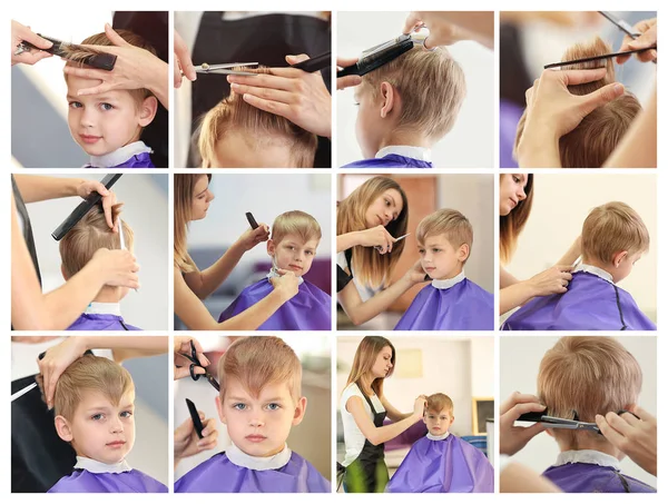 Colagem de menino tendo cabelo cortado na barbearia — Fotografia de Stock