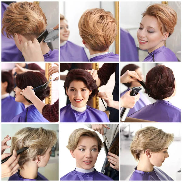Collage of young women having hair cut at barbershop — Stock Photo, Image