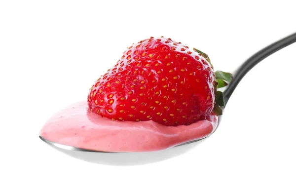 Lepel van zelfgemaakte yoghurt met aardbei — Stockfoto