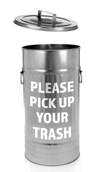 Bin with text PLEASE PICK UP YOUR TRASH — Stock Photo, Image