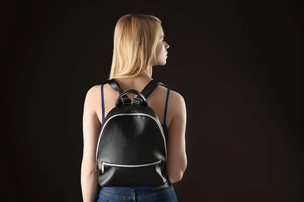 Young woman with leather backpack — Stock Photo, Image