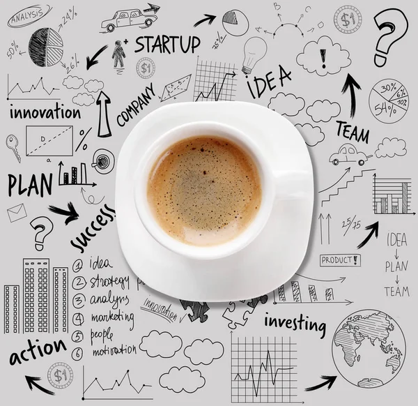 Taza de café y bocetos de ideas de negocios — Foto de Stock