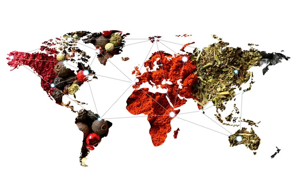 World map and different spices — Stock Photo, Image