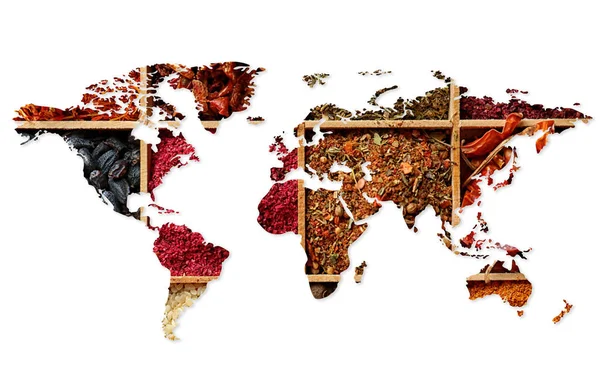 World map and different spices — Stock Photo, Image