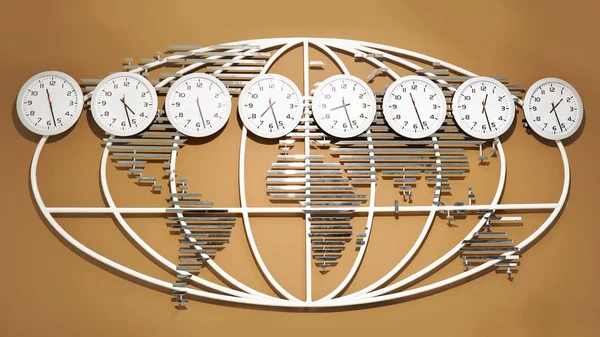Wall with world map and clocks — Stock Photo, Image