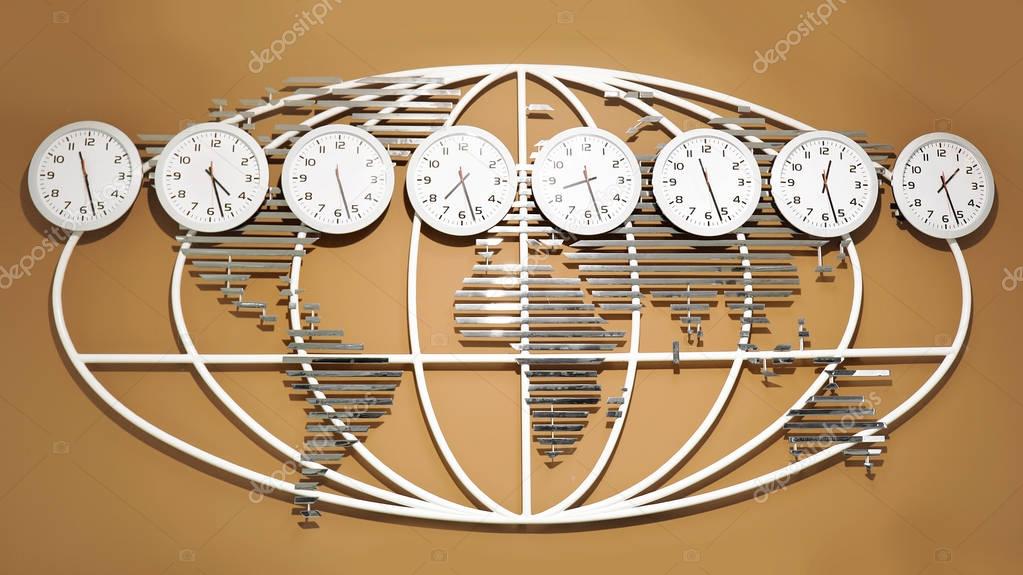 Wall with world map and clocks