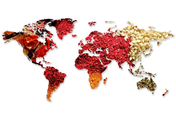 World map and different spices — Stock Photo, Image