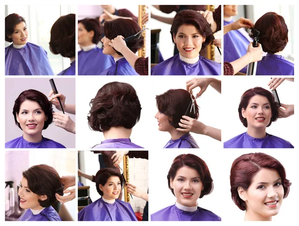 Collage of young woman having hair cut at barbershop — Stock Photo, Image