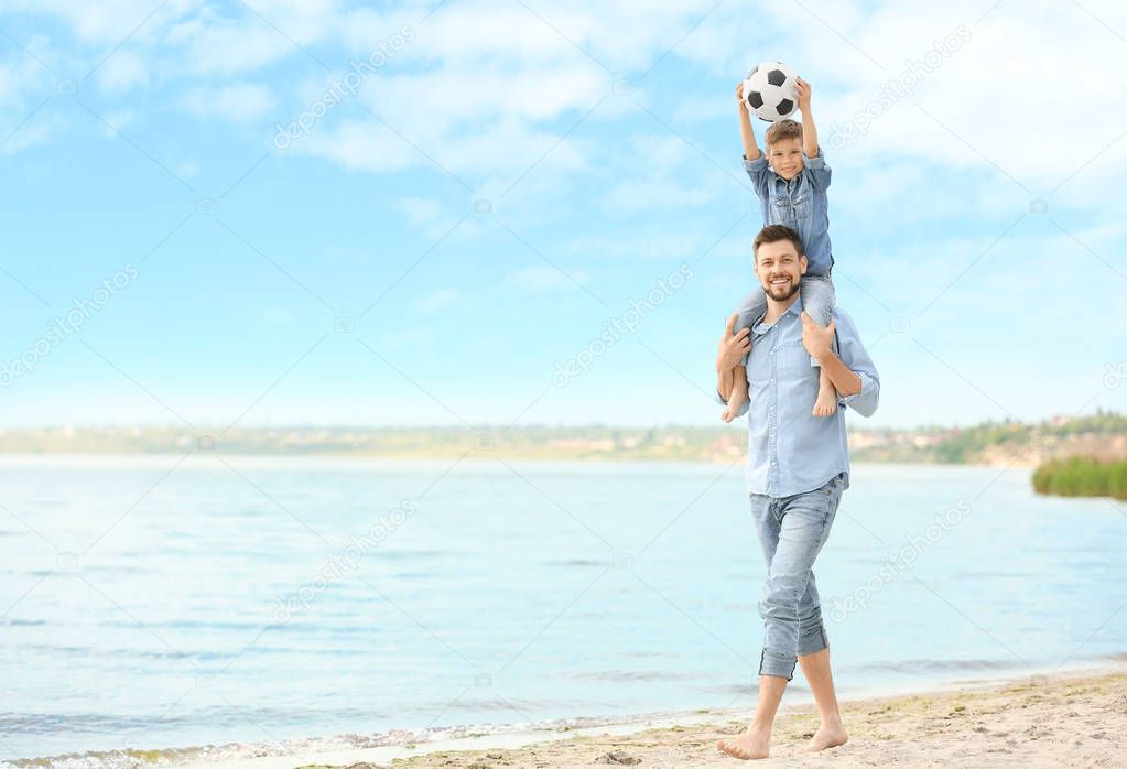 Dad and son on beach