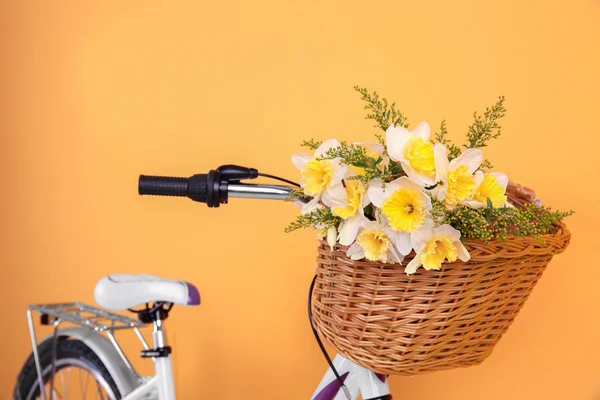 Vélo avec panier de belles fleurs — Photo