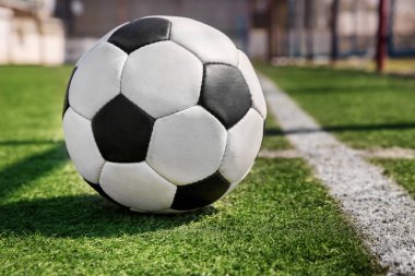 Futbol topu taze yeşil çimenlerin üzerinde 
