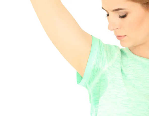 Mujer con manchas de sudor en la camiseta — Foto de Stock