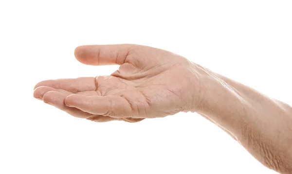 Mano de mujer mayor sobre fondo blanco — Foto de Stock