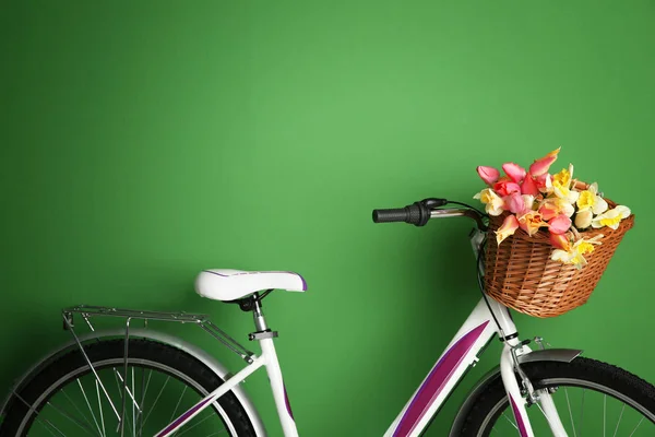 Bicycle with basket of flowers — Stock Photo, Image