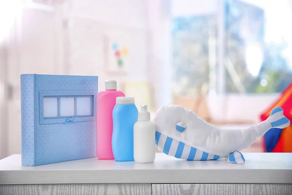 Composition with cute toy on table — Stock Photo, Image