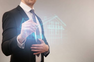 Emlakçı ev ışık arka plan karşı sanal ekran çizim