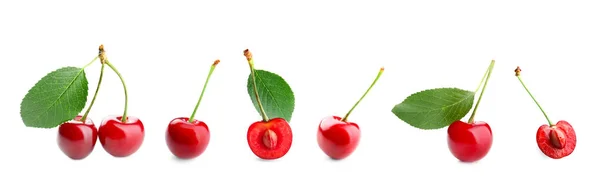 Collage aus roten Kirschen und grünen Blättern auf weißem Hintergrund — Stockfoto