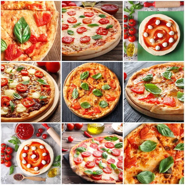 Коллаж вкусной пиццы с листьями базилика — стоковое фото