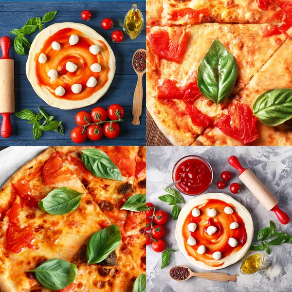Collage de deliciosas pizzas con hojas de albahaca —  Fotos de Stock