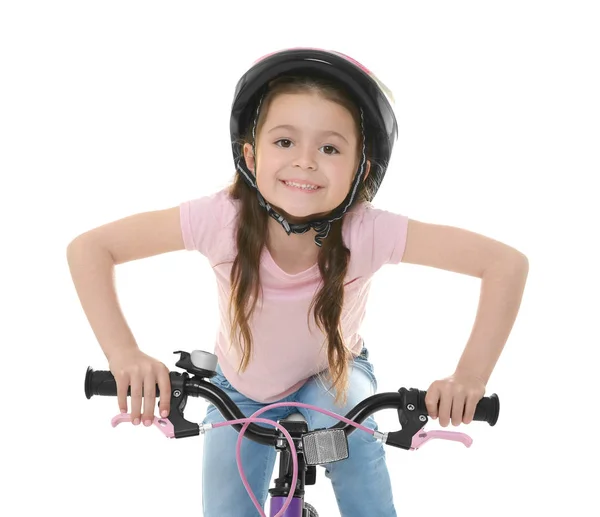 Menina bonito andar de bicicleta no fundo branco — Fotografia de Stock