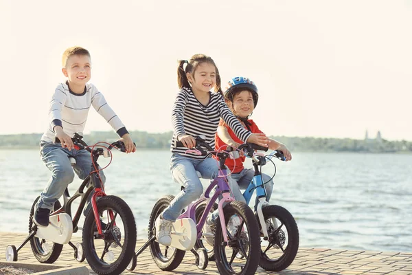 Petits enfants mignons à vélo près de la rivière par une journée ensoleillée — Photo