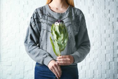 güzel tropikal çiçek tutan kız