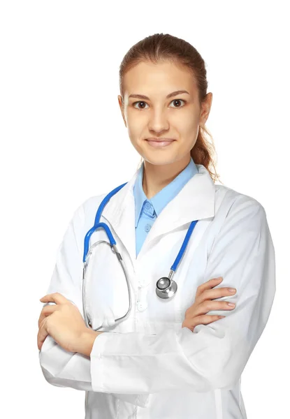 Mladá žena doktor s stetoskop na bílém pozadí — Stock fotografie