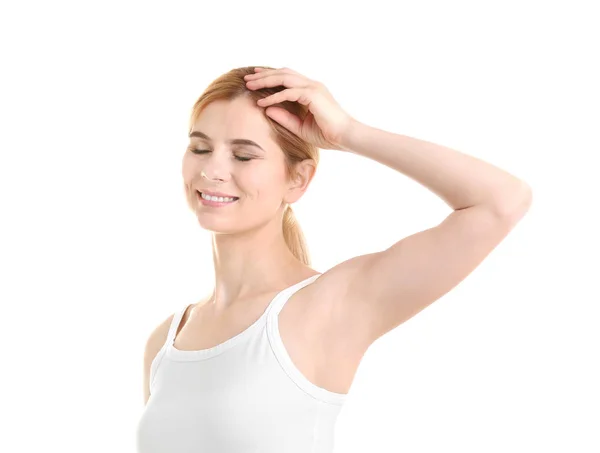 Beautiful young woman on white background. Concept of using deodorant — Stock Photo, Image