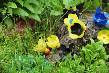 Plastik şişeler, açık havada yapılan çiçek. Atık geri dönüşüm kavramı