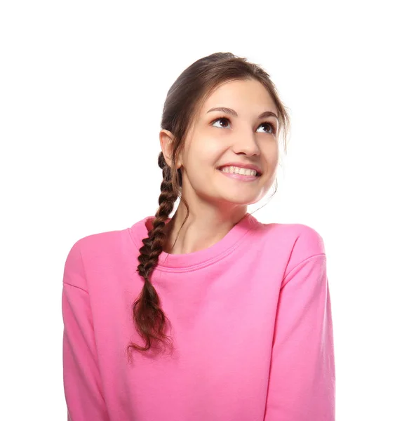 Jovem menina bonita no fundo branco — Fotografia de Stock