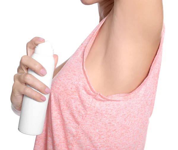 Mulher bonita com desodorizante no fundo branco — Fotografia de Stock
