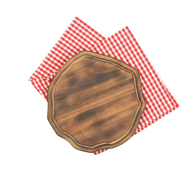 Placa de madeira e guardanapo no fundo branco — Fotografia de Stock