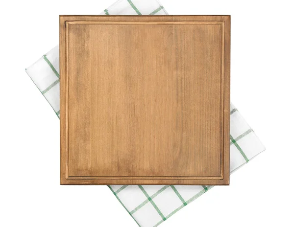 Drewniana deska i serwetka na białym tle — Zdjęcie stockowe