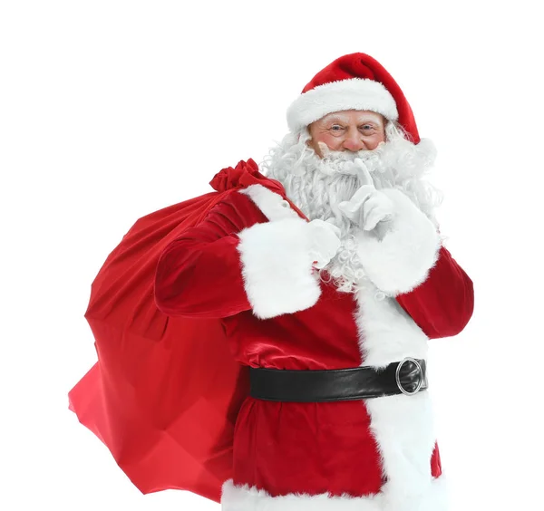 Autêntico Papai Noel com grande saco de presente no fundo branco — Fotografia de Stock