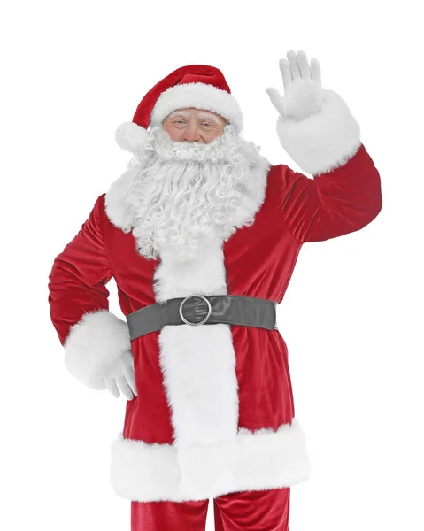 Authentieke Santa Claus permanent op witte achtergrond — Stockfoto