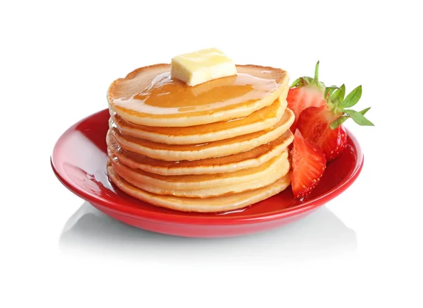 Plate with delicious pancakes on white background — Stock Photo, Image