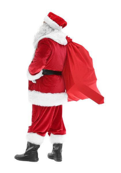 Authentic Santa Claus with big gift bag on white background