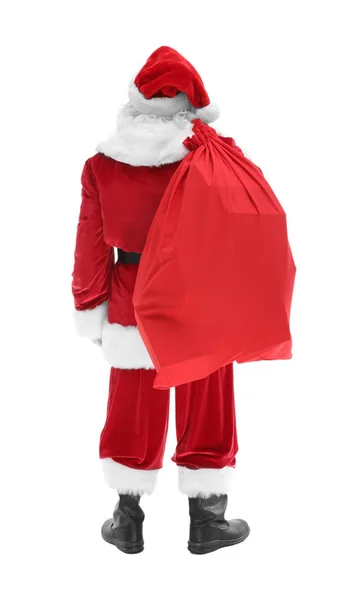 Authentic Santa Claus with big gift bag on white background — Stock Photo, Image