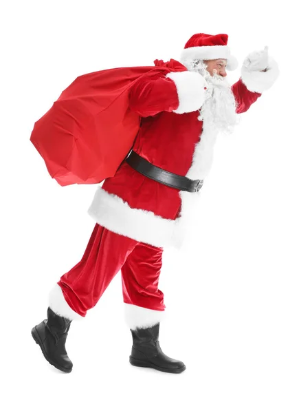 Auténtico Santa Claus con bolsa de regalo grande sobre fondo blanco —  Fotos de Stock