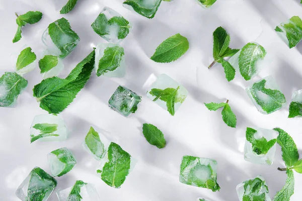 Cubos de hielo con hojas de menta congeladas en el interior, sobre fondo blanco — Foto de Stock