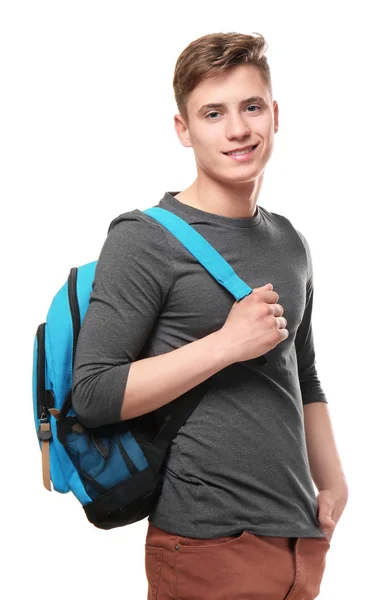 Jeune adolescent garçon avec sac à dos sur fond blanc — Photo