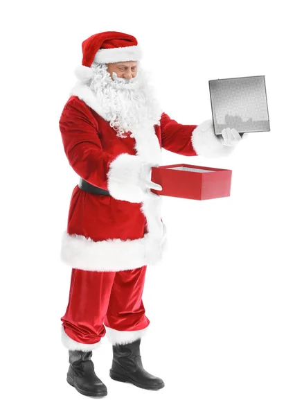 Happy authentic Santa Claus holding gift box on white background — Stock Photo, Image