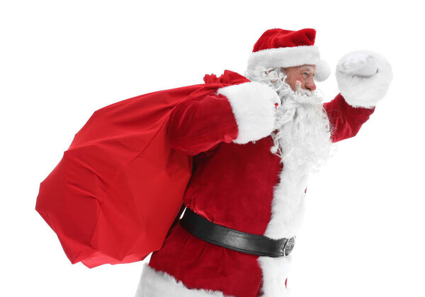 Authentic Santa Claus with big gift bag on white background