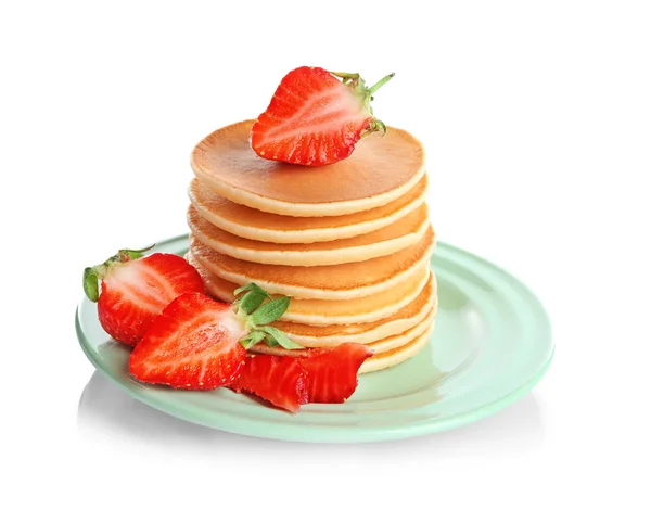 Plate with delicious pancakes on white background — Stock Photo, Image