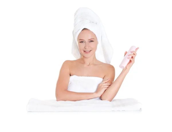 Beautiful young woman after bath with body cream on white background — Stock Photo, Image