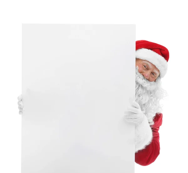 Authentic Santa Claus with poster on white background Stock Picture